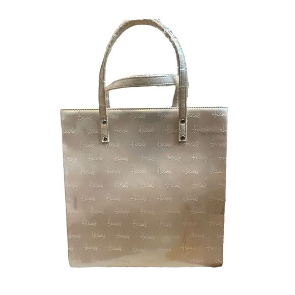 Harrods London Logo Embossed Tote Bag Pearl Cream Patent Leather Top Handle Shop - Picture 2 of 11